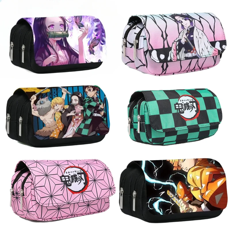 Demon Slayer Anime Pen Bag para Crianças, Tanjirou, Nezuko, Papelaria de Dupla Camada, Sacos De Armazenamento, Desenhos Animados Bonitos, Alta Capacidade, Presentes Estudantis