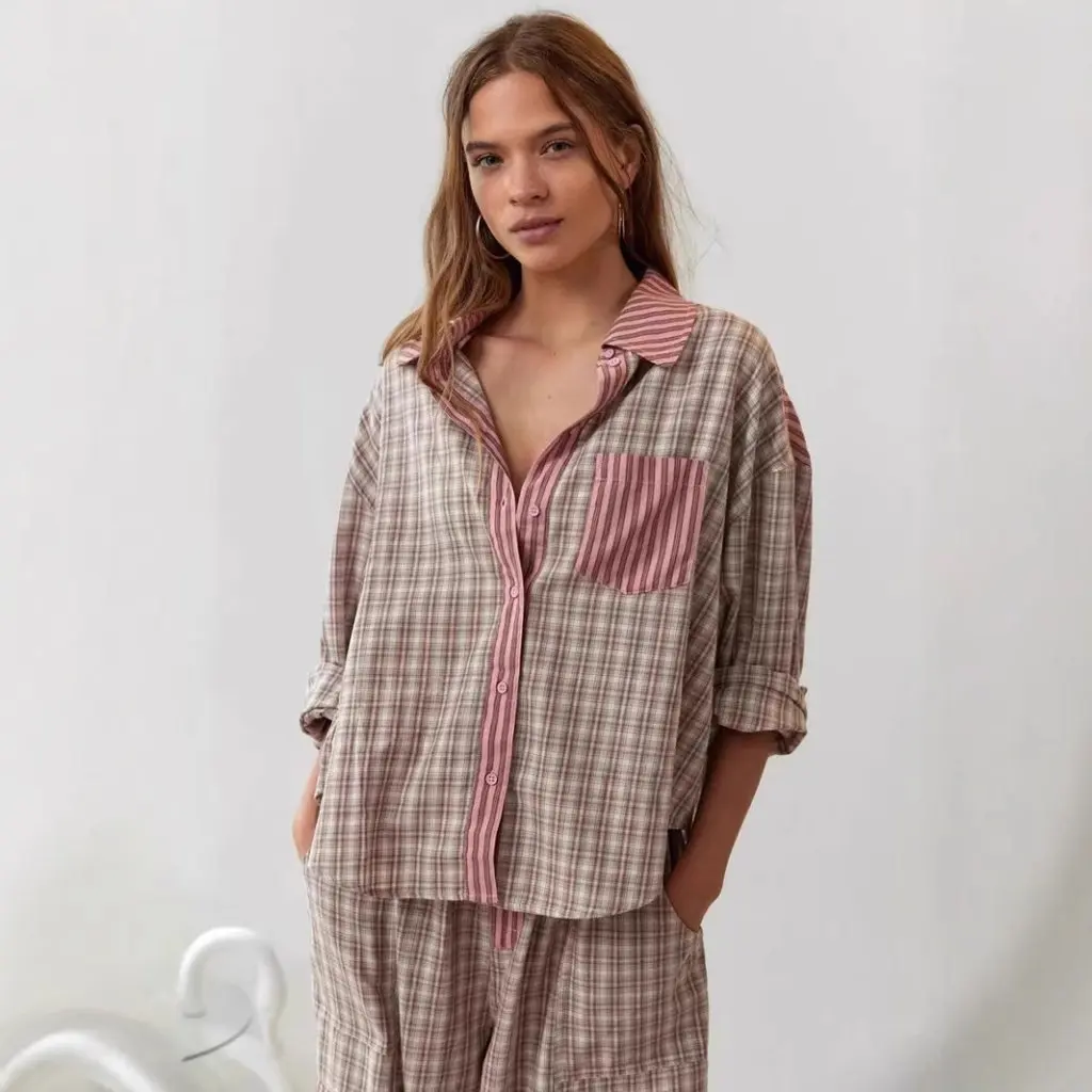 Camicia a quadri da donna Pigiama Set Manica lunga Abbigliamento casual per la casa Collezione autunnale di