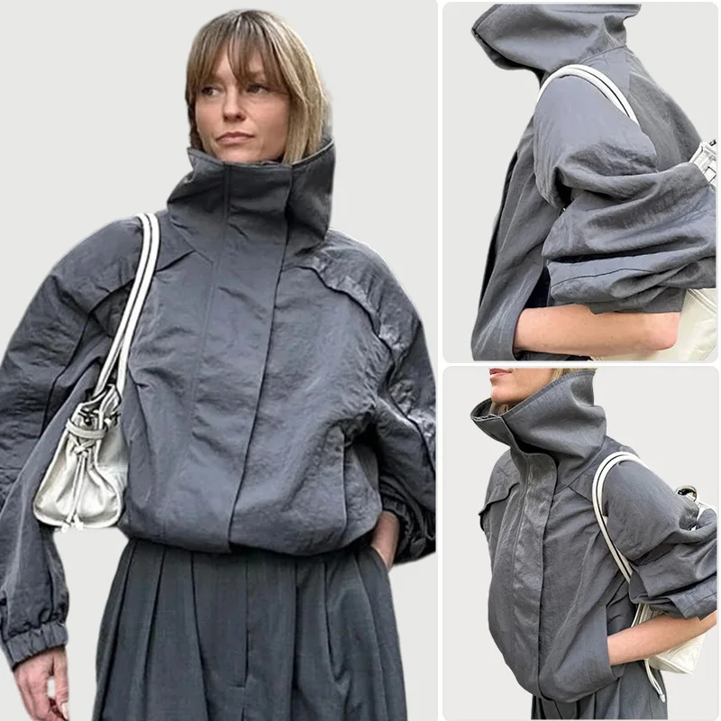 

2025 Autumn Outdoor High Neck Hooded Pocket Gray Loose Waterproof Jacket for Hiking Camping and Travel Lightweight Windbreaker