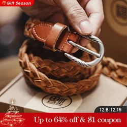 Maden Vintage Woven Vegetable Tanned Cowhide Leather Belt Accessories with Two-layer Cowhide for Men's Versatile Brown Belt