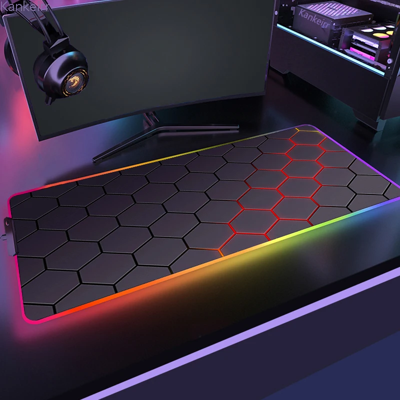 RGB Hexagonal Mouse Pad 900x350 LED Gaming Anime Geometric Luminous Anti-skid Computer Offices Cool Mousepad Desk Mat Laptop Rug