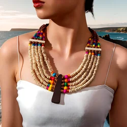 New Fashion Bohemian African Style Handmade Wooden Bead Beaded Necklace For Women Summer Vacation Jewelry On The Neck