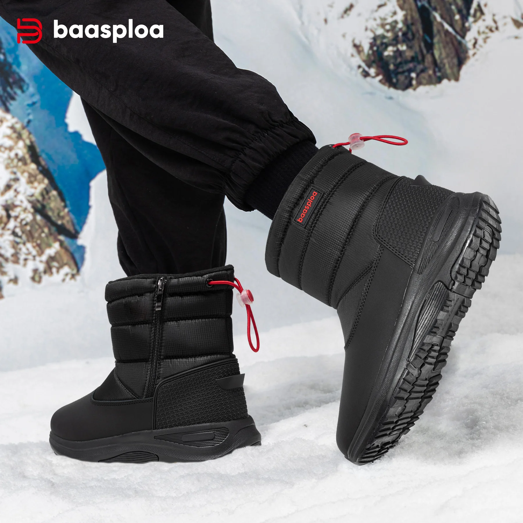 Baasploa Men Snow Boots Winter Plush Warm Cotton Shoes for Men New Fashion Leather Waterproof Walking Shoes Non-Slip Outdoor