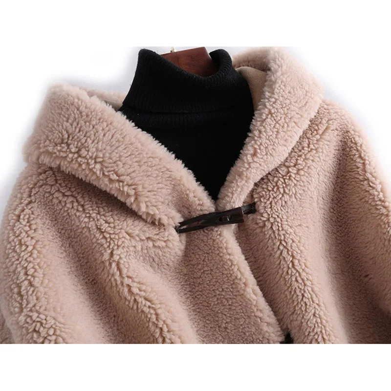 2023 Winter Hooded Sheep Shearing Fur Jacket Women Loose Lamb Wool Grain Fur Coat Female Outwear Long Warm Parka Casaco Costume