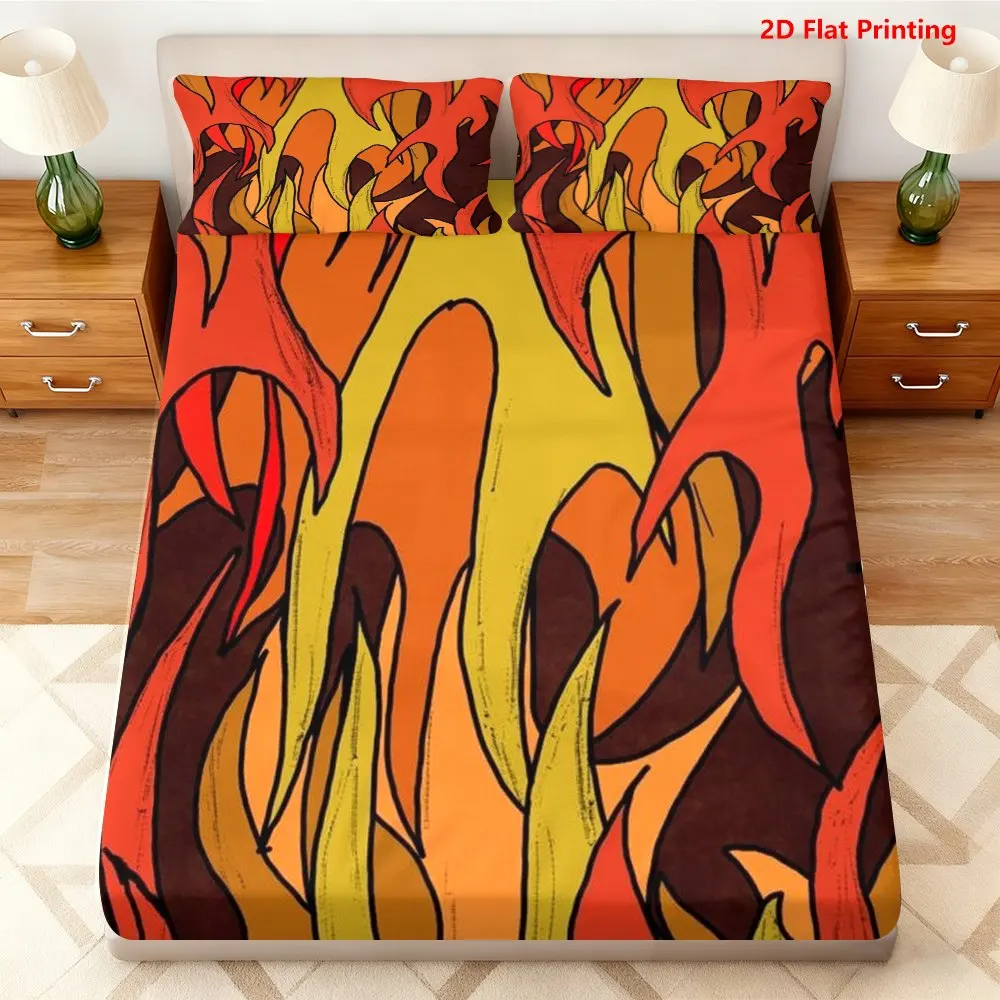 Flame-Themed Bed Sheets Full Set Printed Fitted Sheet Mattress Protector Breathable Polyester Material (Includes 1 Fitted Sheet + 2 Pillowcases) Mattress Protector Fitted Elastic Style Protective Cover Mattress Protector, Fitted Bedding Set Christmas-Themed Bedding Baby Bedding Suitable for Nursery Room