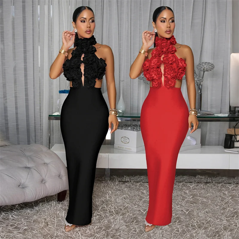 Sexy Floral Halter-Backless Geburtstag Party Lange Kleider Frauen Abend Nachtclub Bandage Cut Out Hohe Taille Split Prom Maxi Kleid