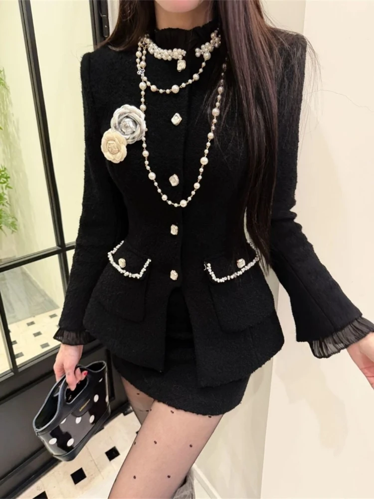 2026 French Vintage Elegant 2 Piece Sets Women Harajuku O-neck Retro Coat + Casaul Mini Skirt Female Chic Korean Popular Clothes