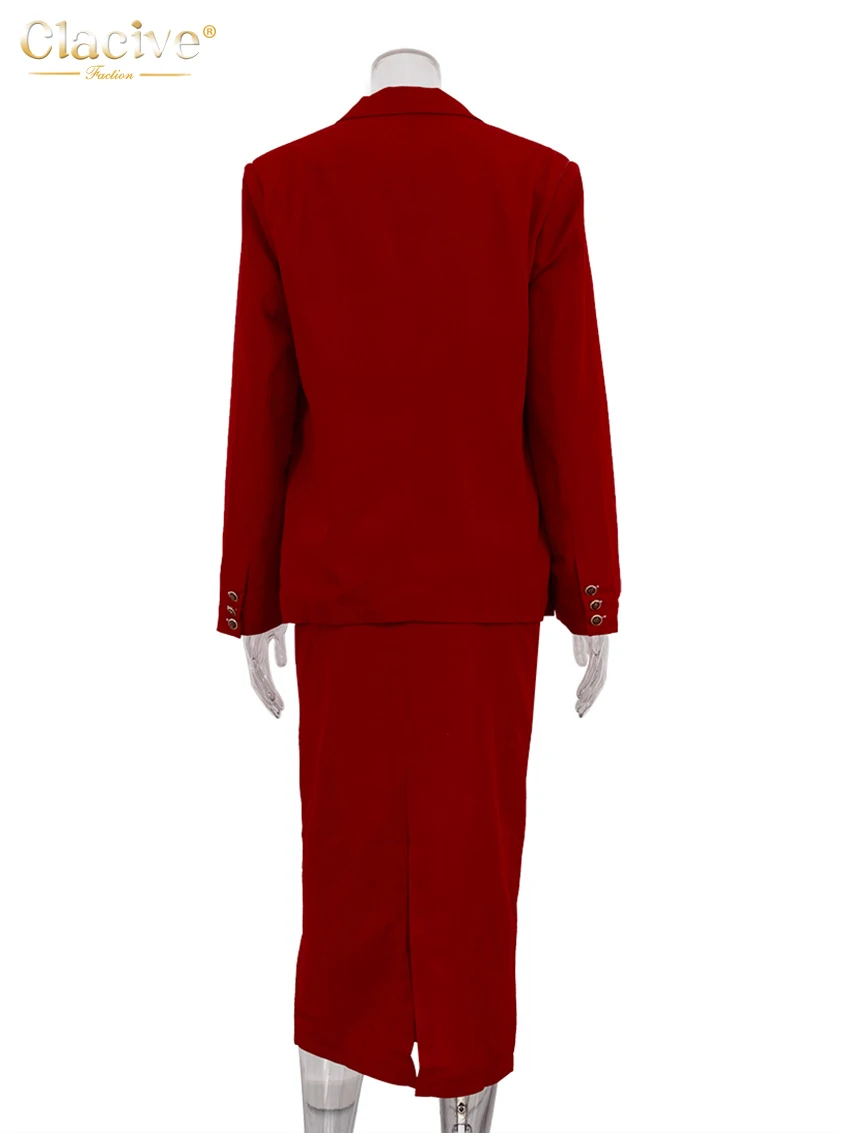 Clacive Fashion Loose Red Office 2-częściowy strój damski 2025 Eleganckie marynarki z długim rękawem i rozcięciem w talii Spódnica midi Zestaw — zdjęcie 7
