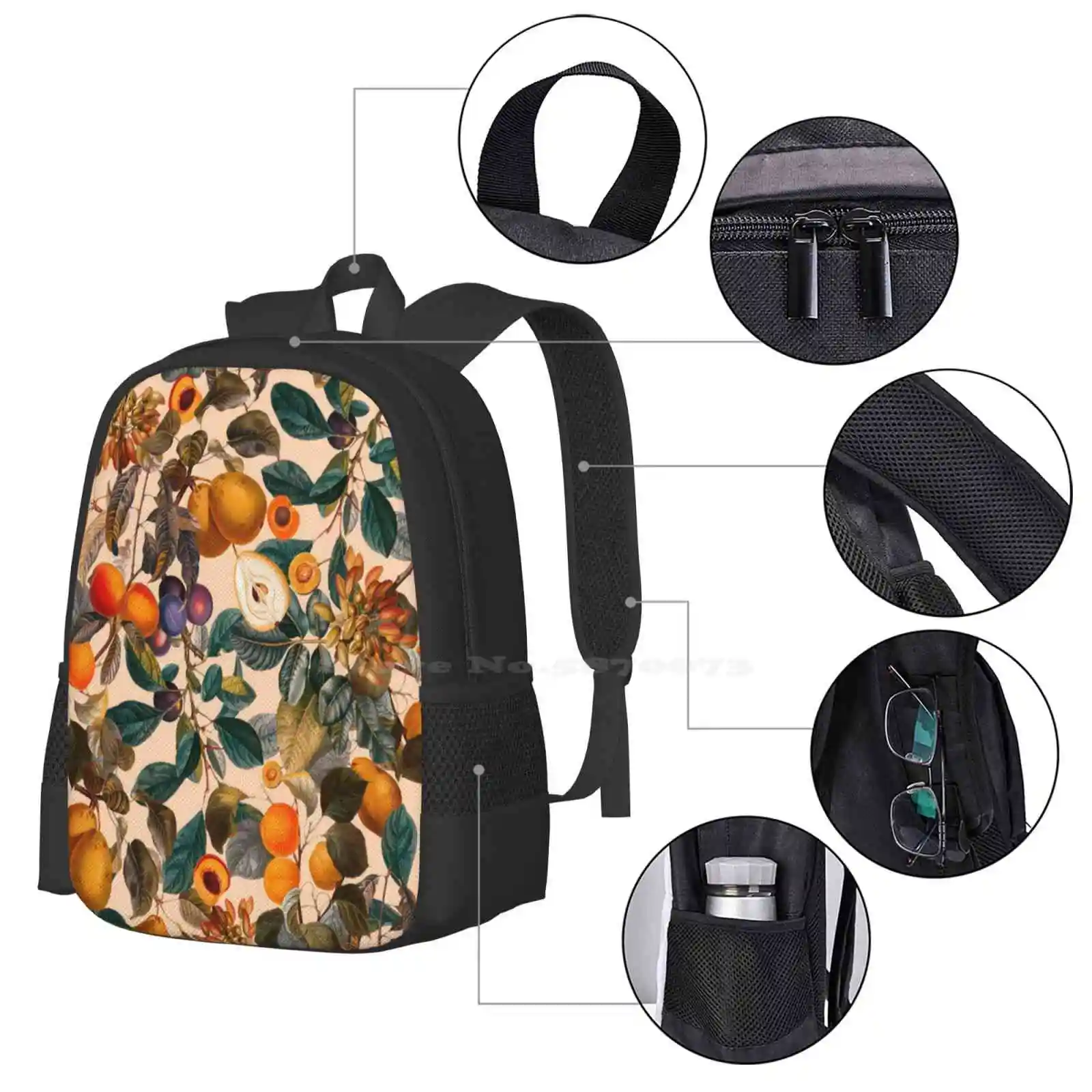 Vintage Fruit Pattern Ix Large Capacity School Backpack Laptop Bags Floral Forest Jungle Tropical Botanical Exotic Leaf Laeves