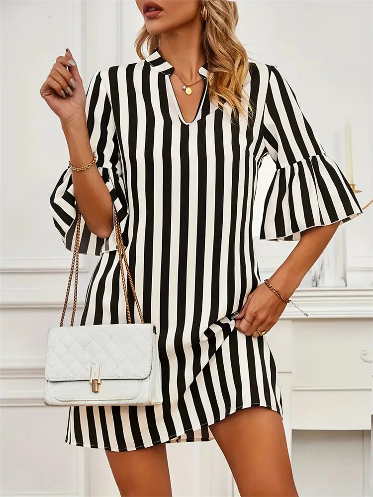 

3/4 Sleeve Dress For Women 2024 New Fashion V Neck Stripe Ruffle Elegant Dress Vintage Office Chic Mini Dress With Small MOQ