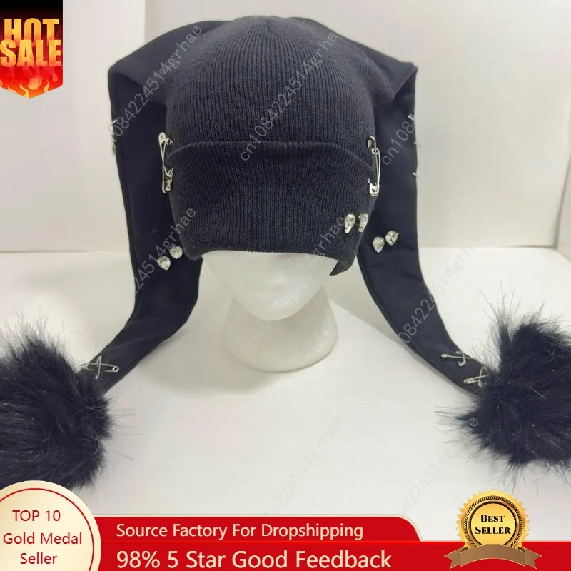 

Jester Hat with Puffs - Black Knitted Hat Featuring Pom-Poms and Unique Design Elements