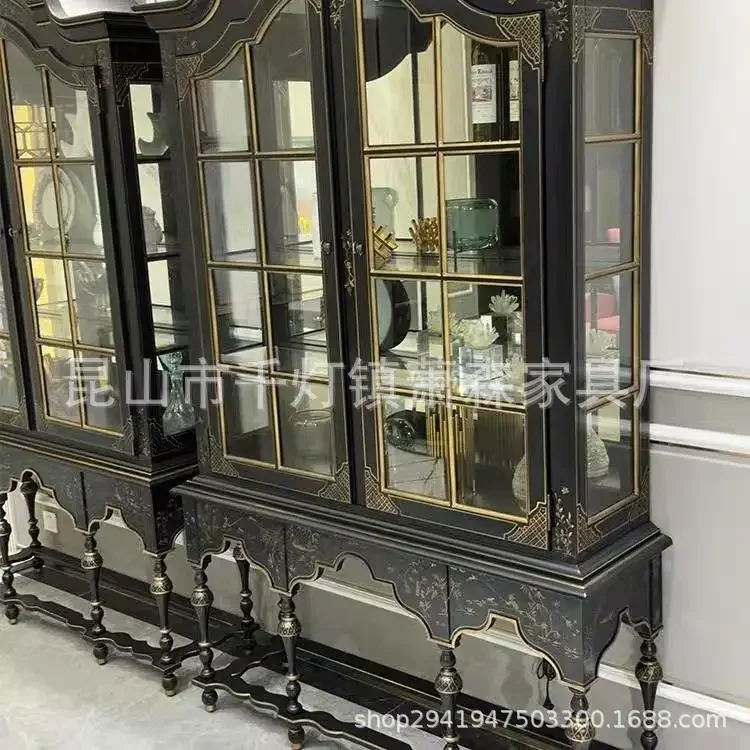 American rural solid wood wine cabinet European hand-painted glass door side cabinet