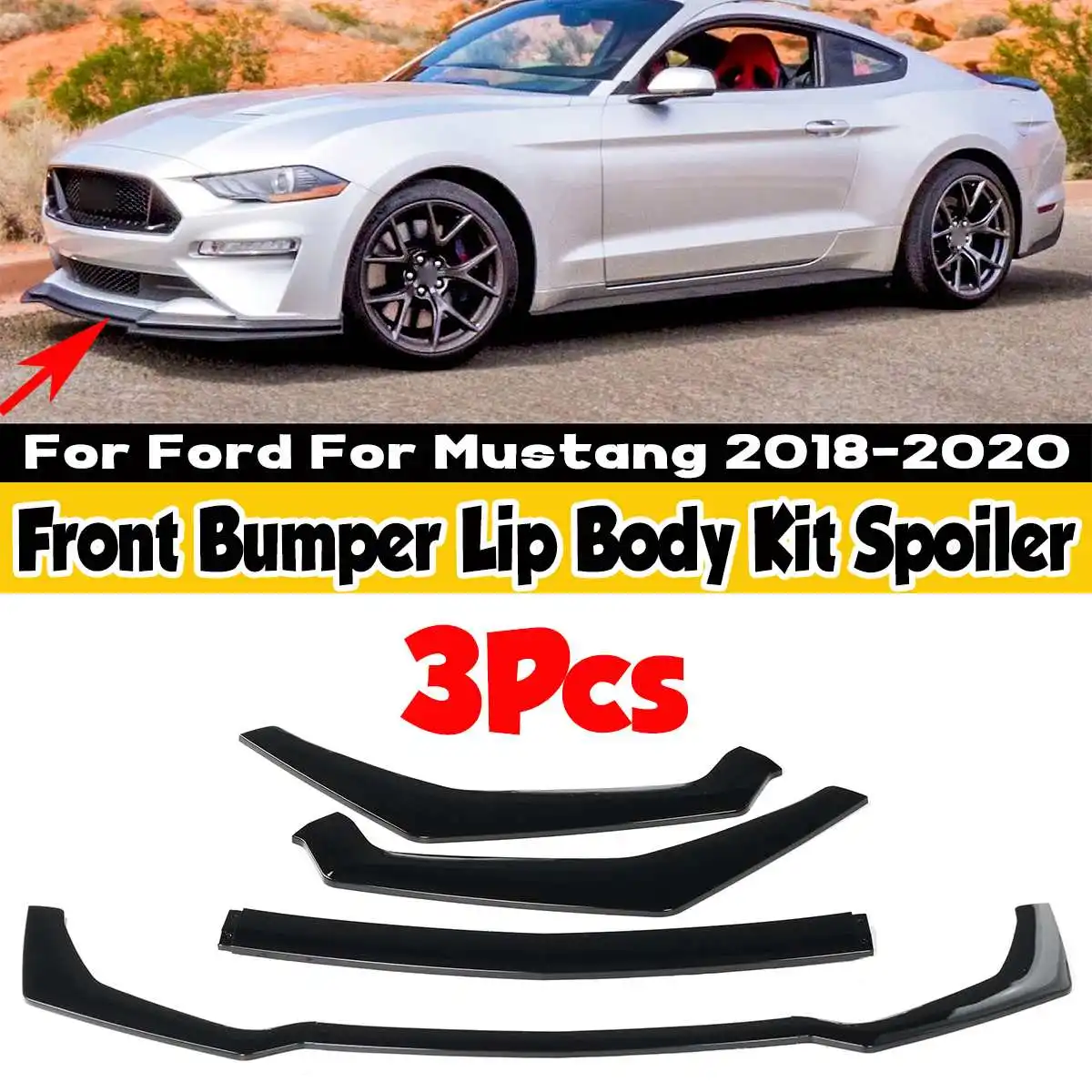 RMAUTO 3-teiliger Frontspoiler-Splitter-Kit, Spoilerlippe, Diffusor-Schutz für Ford Mustang 2018-2020