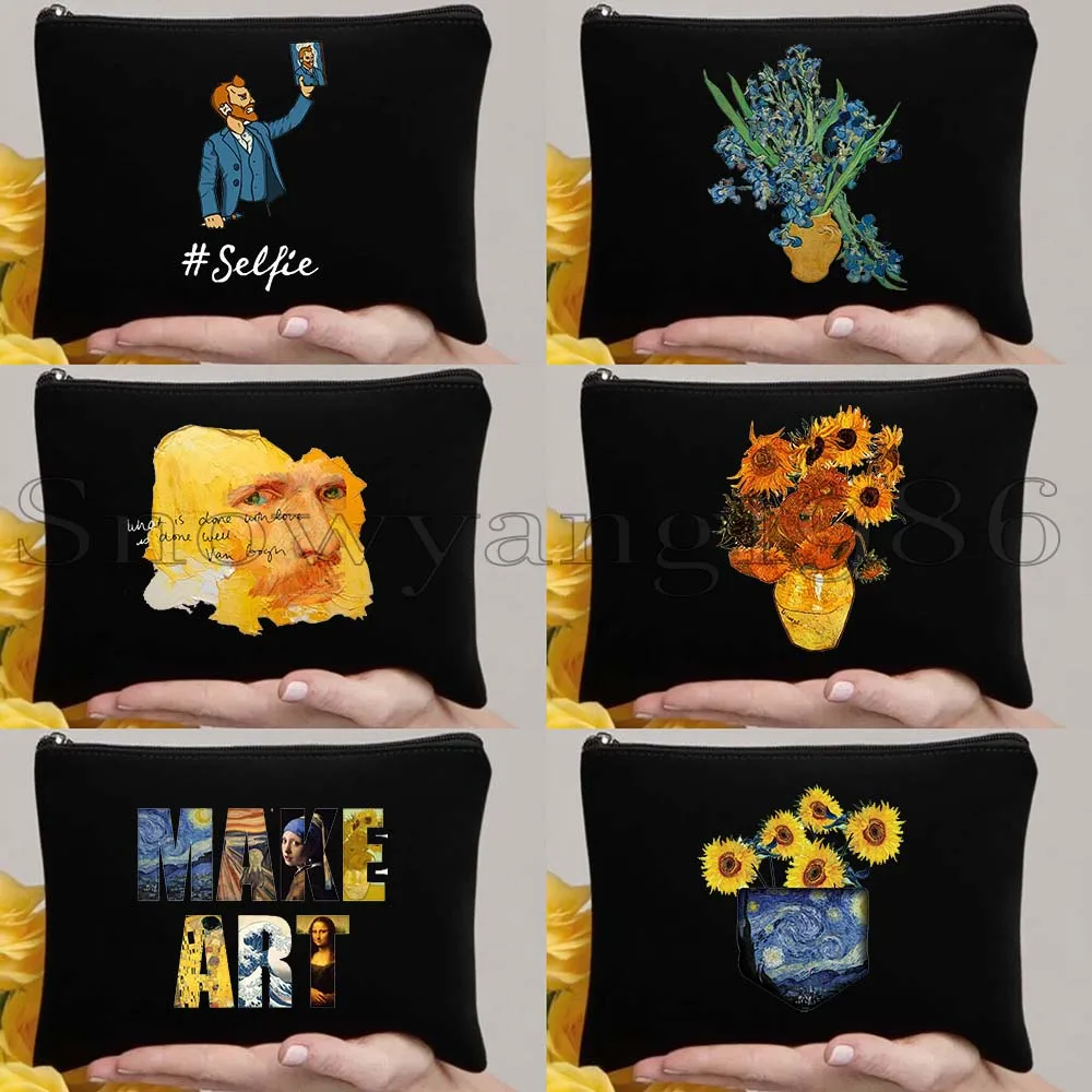 

6pcs Van Gogh Painting Aesthetics Sunflower Vincent Van Gogh's Starry Night Iris Canvas Storage Cosmetic Bag Makeup Case Pouch