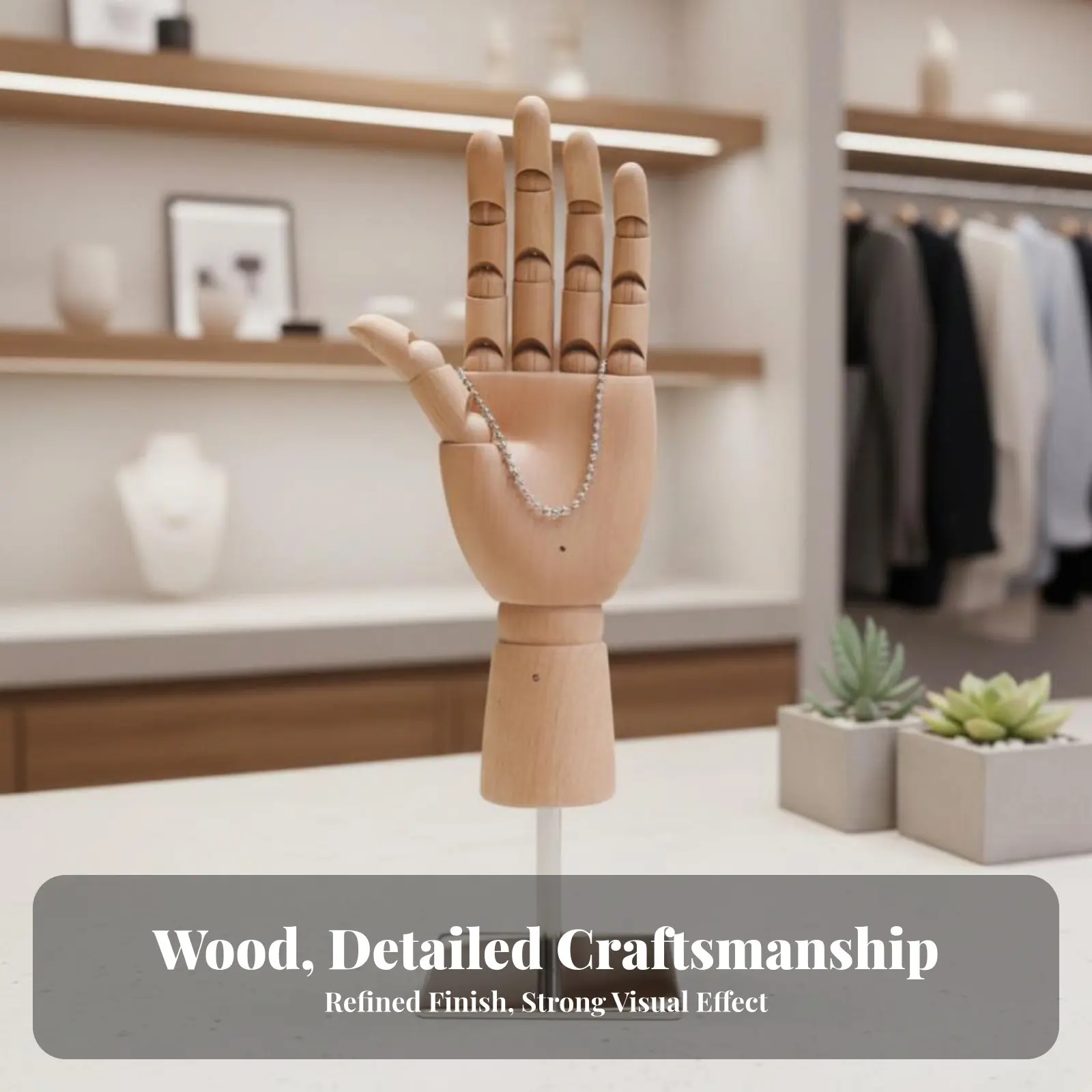 Wooden Hand Model, Adjustable Joints, Display Stand for Wallets, Bracelets, Eyewear, Jewelry, Random Left or Right Hand