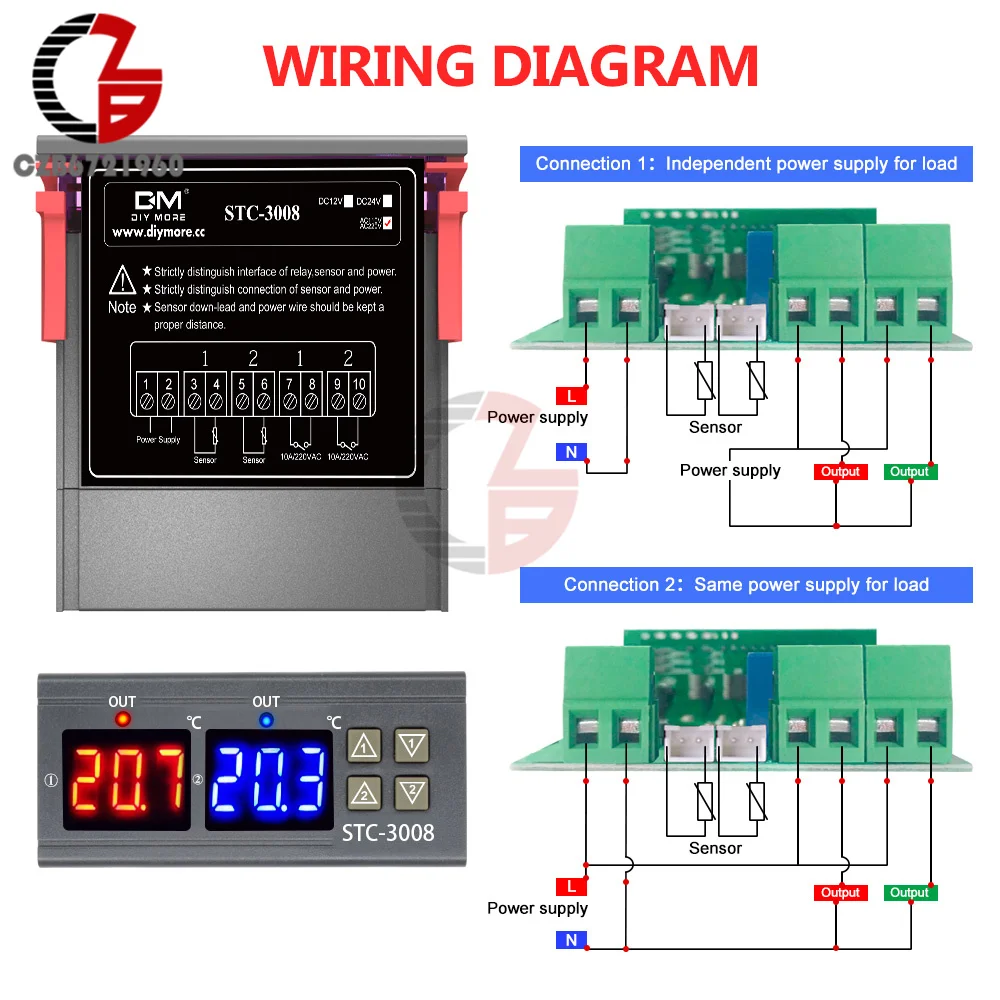 STC-3008 AC 110V 220V Dual Digital Teperature Controller Thermostat Refrigerator Heating Cooling Control Dual LED Sensor Probe