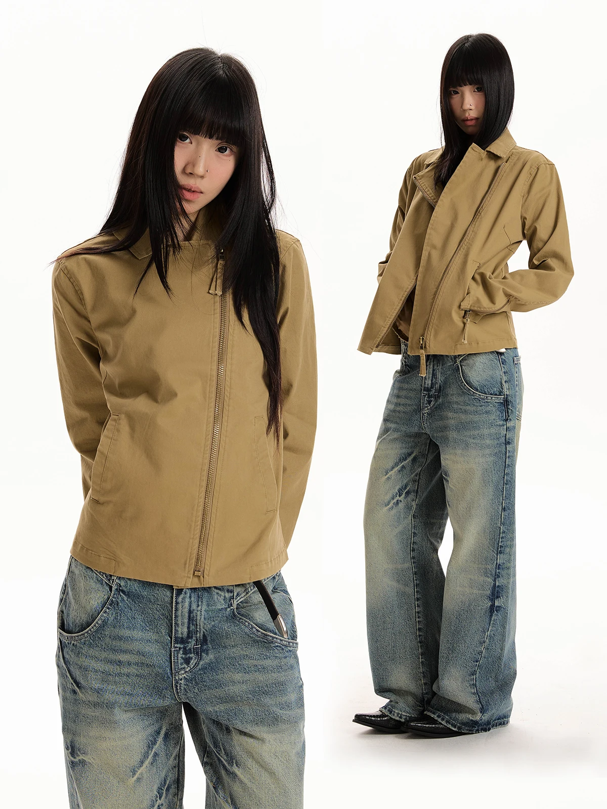 Jaqueta Feminina Aket Retrô Estilo Workwear Cleanfit Americana Neutra para Motocicleta com Zíper e Manga Longa