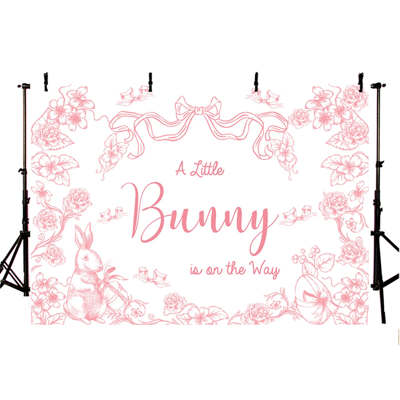 A Bunny is on the Way Backdrop Spring Easter Rabbit Pink Flowers Green Leaves Easter Egg Party Decor Photography Background