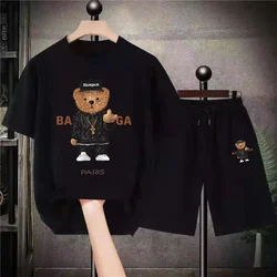 2023 New Summer Tshirt Set Men Funny Bear Print Cotton Tracksuit Outfits Man Sportswear Hip Hop Streetswear Trend 2 Piece Set