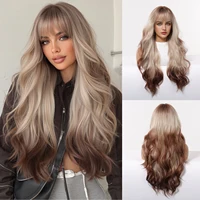 Peluca sintética rubia marrón con flequillo, pelucas rizadas largas para mujeres, pelucas rubias ombré, pelucas resistentes al calor de raíces oscuras para fiesta diaria