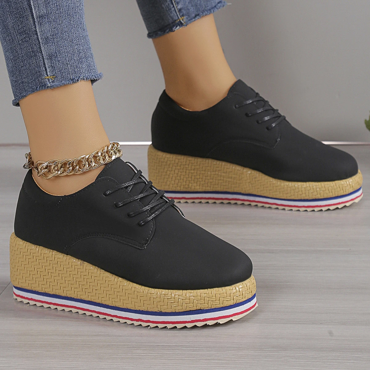 Women's shoes new fashion thick sole wedge lace-up single shoes comfortable white black wear-resistant large size shoes