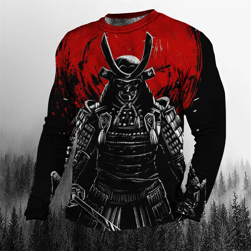 Super Cool Vintage Japanese Samurai Men\'s T-shirt O-Neck Men\'s Clothing Oversized Casual Long Sleeve Tops 3D Printed Boys T Sh