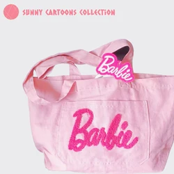 Miniso Barbie Handbag for Women Plush Embroider Design Print Letter Travel Tote Bag Anime Fashion Large Capacity Shoulder Bags