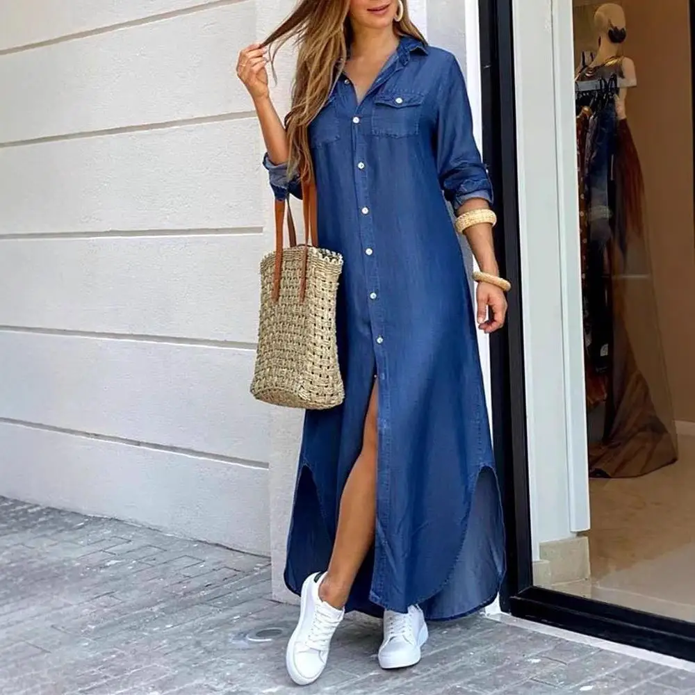 Women's Denim Long Sve irt Dr Skirt Set Loose Waist Polyester Fabric Commute Sle Basic Model Home And Busin Use