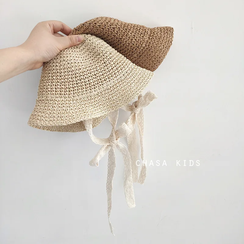 Spring and summer baby lace lace princess straw hat children's fashion sun protection straw bow hat beach children's sun hat