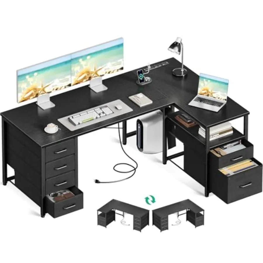 L Shaped Office Desk with 6 Drawers, Power Outlet for Home Office Use, Engineered Wood in White, Spacious and Organized Workspa