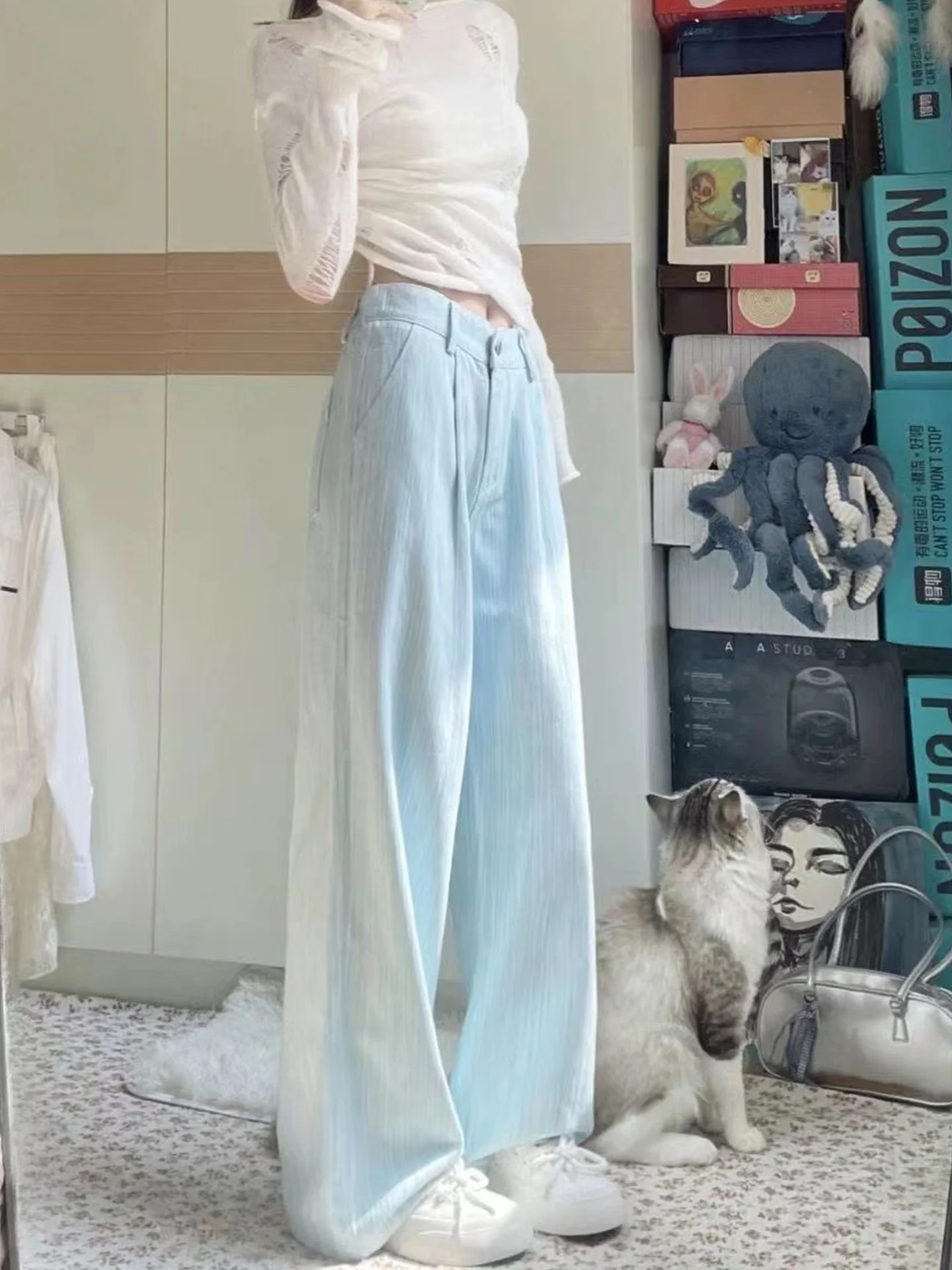 

High Waist Striped Straight Leg Jeans Women's Loose Wide Leg Pants Casual Denim Jeans American Sle Four Seasons Universal