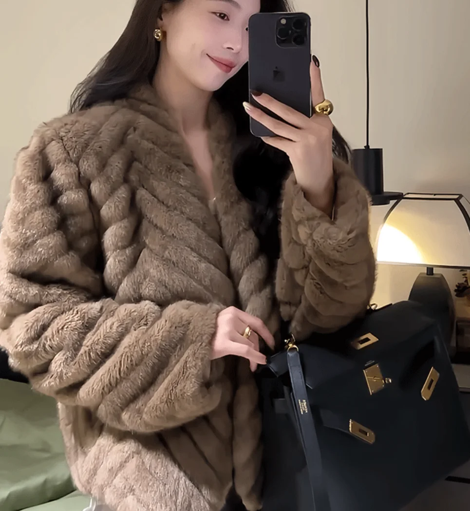 Elegant V Neck Herringbone Short Faux Mink Fur Jacket Women Long Sleeve Plush Jackets Woman Autumn Winter Fluffy Warm Outerwear