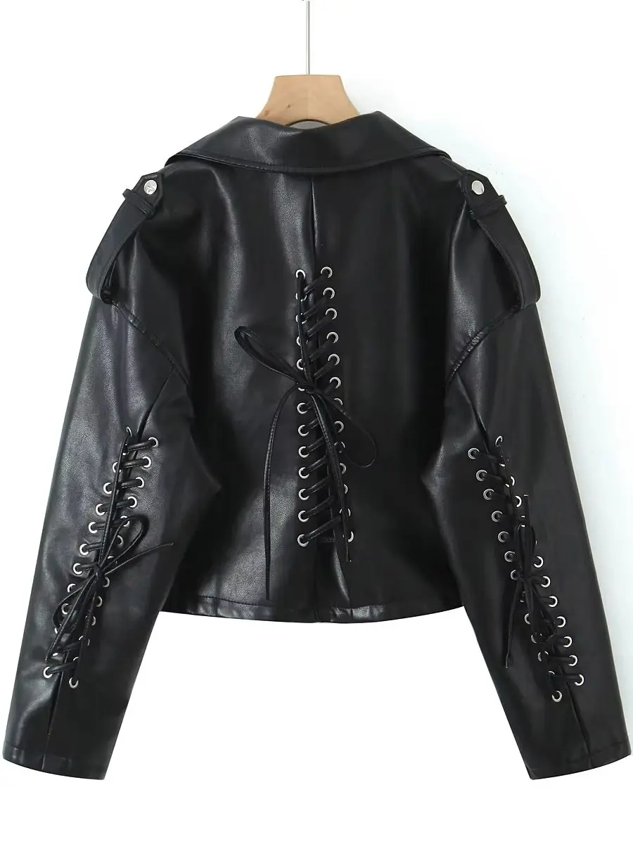 2025 neue frauen Motorrad Biker Schwarz Faux Leder Lace-up Kurze Jacken Weibliche Herbst Winter Lose PU Zipper streetwear Mäntel