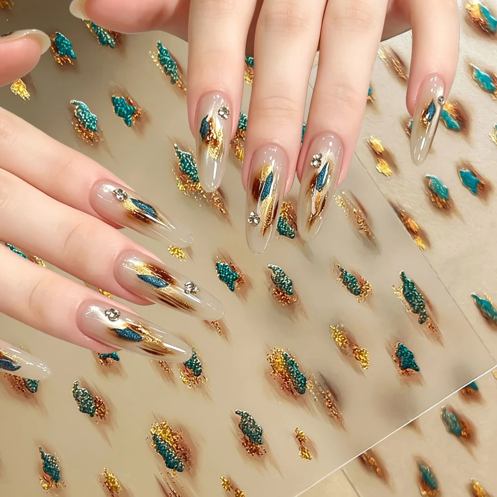 Double‑Layer Gold Glitter Brown‑Blue Ink Texture Nail Stickers 3D Vintage Amber Dyeing Nail Decals Y2K Fall‑Winter Nail Decor﻿