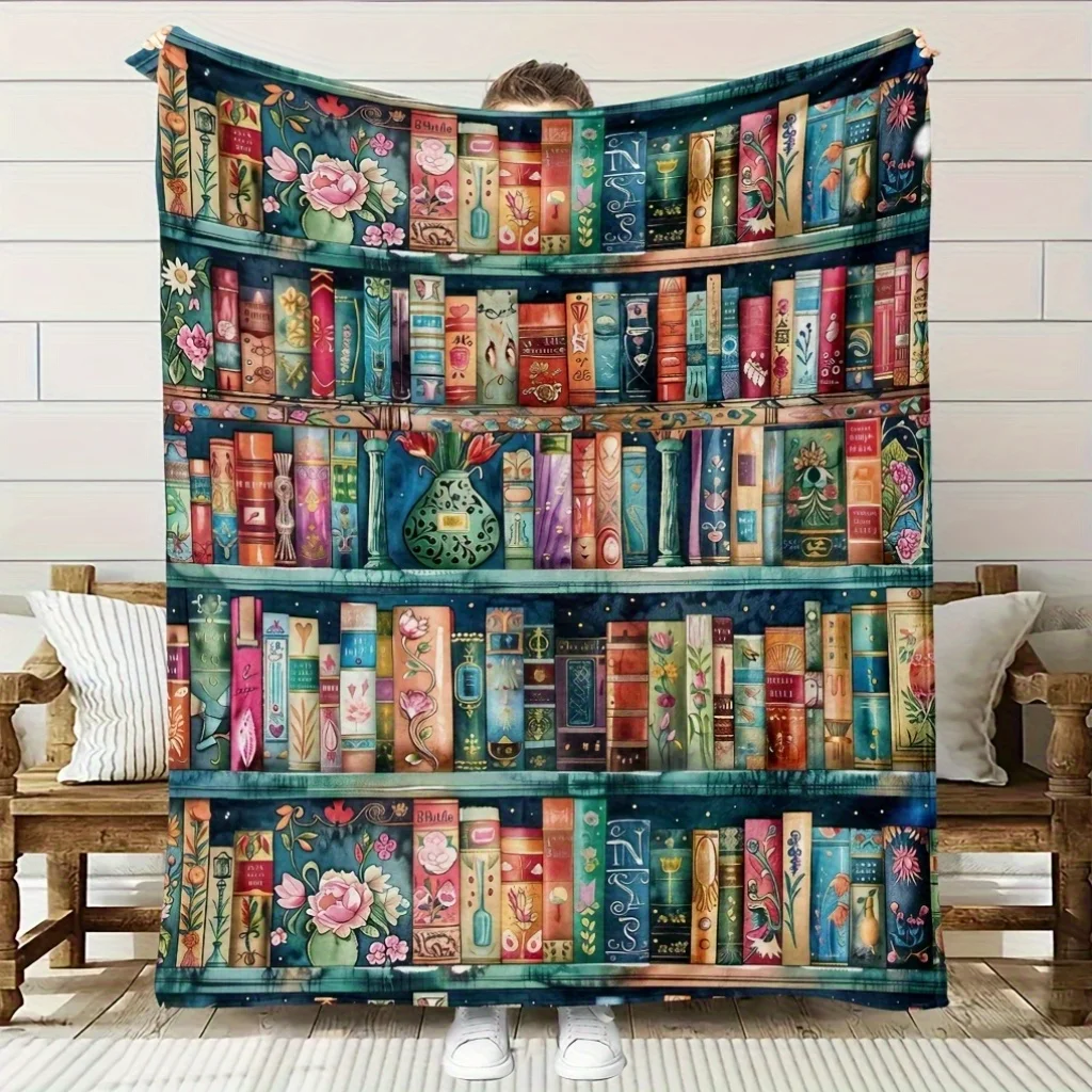 Cozy Bookshelf-Themed Flannel Blanket - Soft, High-Definition Print, 100% Polyester, All-Season Use, Perfect Gift for Book Lover