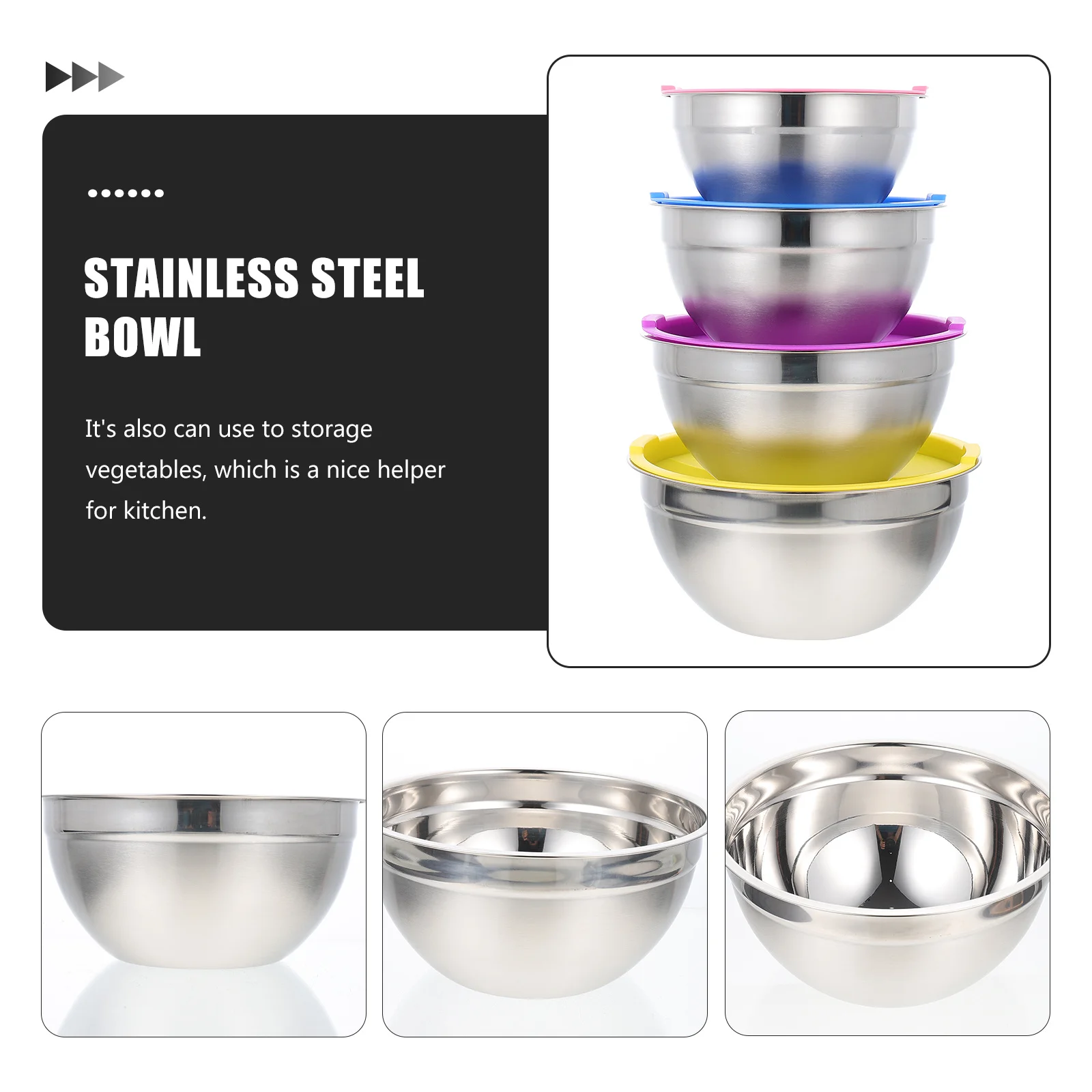 

4Pcs Stainless Steel Mixing Bowl Set Kitchen Salad Bowls with Lids Multi-Function Fruit Storage Home Serving Bowls