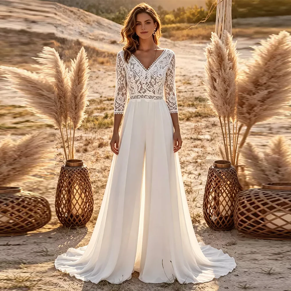 Customized Modest Lace Jumpsuit Wedding Dress with Detachable Train V Neck 3/4 Sleeve Bridal Outfit Wide Leg Boho vestidos de