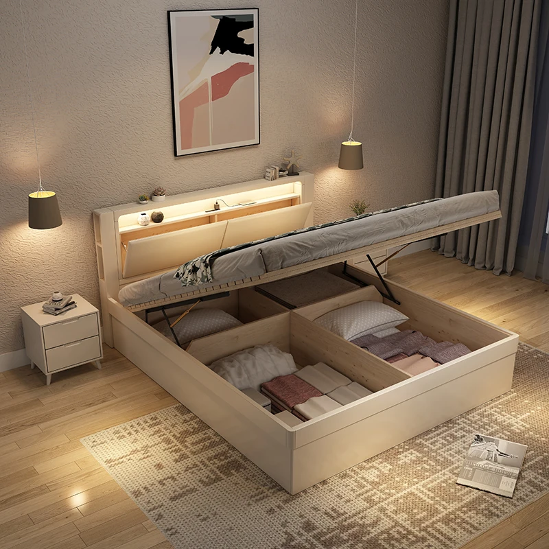 Full solid wooden bed, modern and simple master bedroom double bed, high pressure box storage, floor to floor box bed