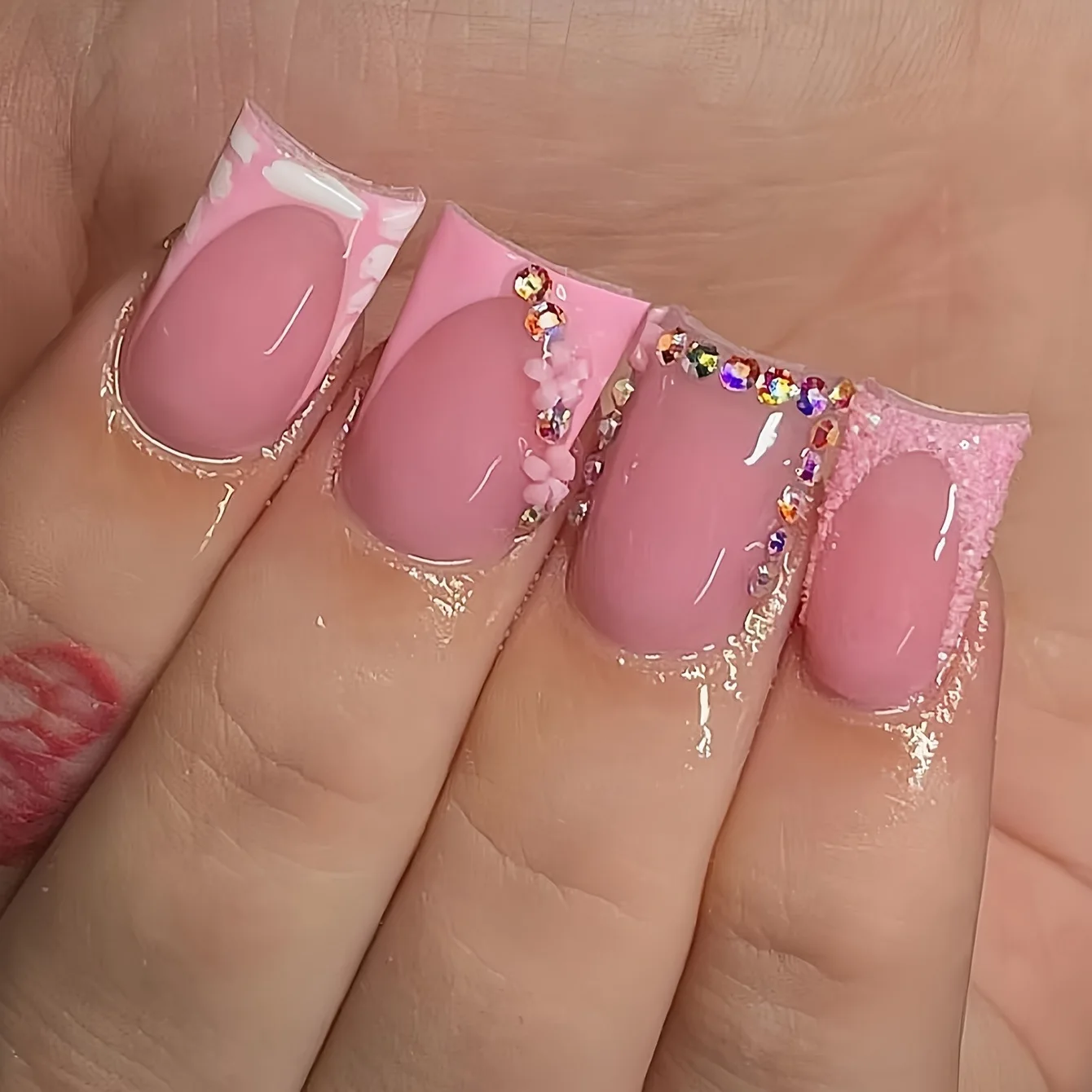 

24Pcs Mid-length Duck Shaped False Nails Pink Shiny Powder French Press on Fake Nails 3D Flower Rhinestone Full Cover Nails Tips