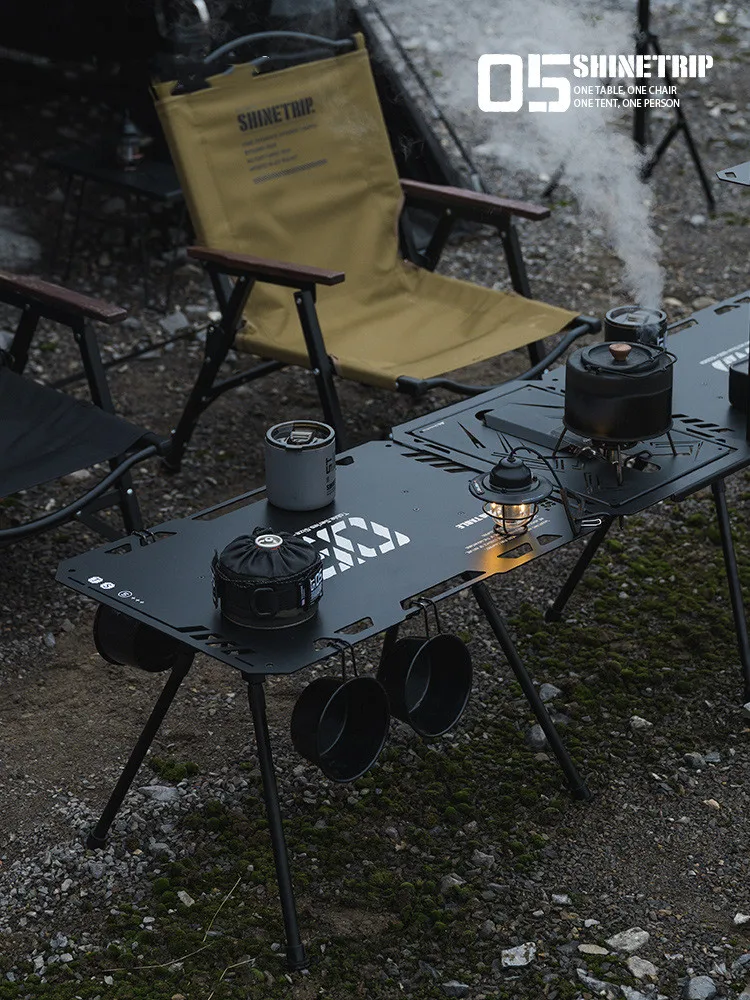 Mesa de estilo táctico al aire libre, aleación de aluminio ennegrecido, elevación de Camping, ajustable, portátil, plegable