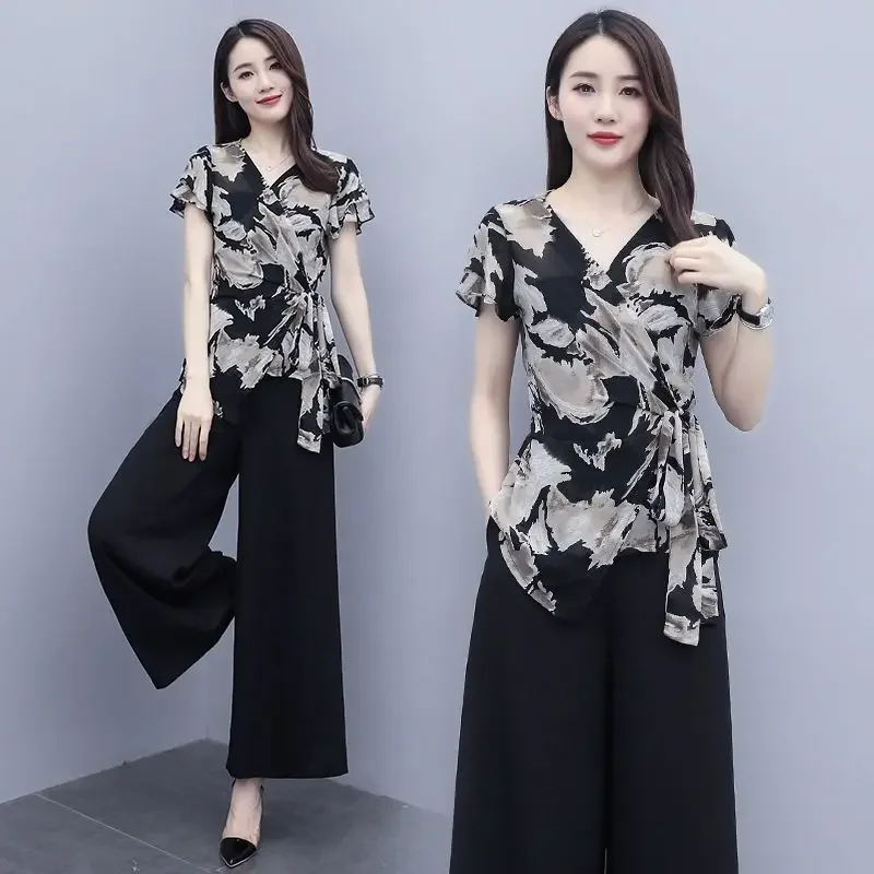 Wide Leg Pants Suits Female 2024 Summer New Two Piece Sets Womens Outfits Fashion Casual Chiffon Clothing Femme Mujer Y105