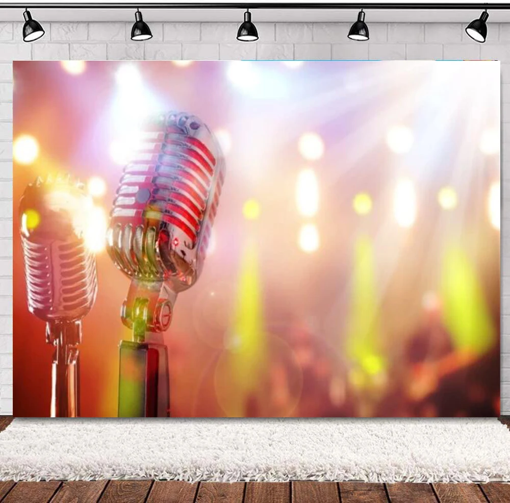 

Microphone Backdrop Karaoke Birthday Party Decor Banner Abstract Bokeh Halos Music Concert Performance Background Live Concert