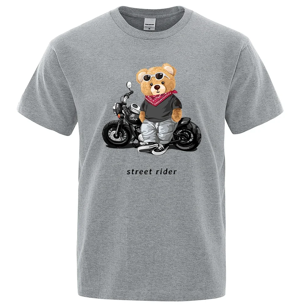 2024 Motorcycle Lovers Street Teddy Knight Print T-Shirt Men's Loose Casual Short Sleeve Summer 100% Cotton Clothing