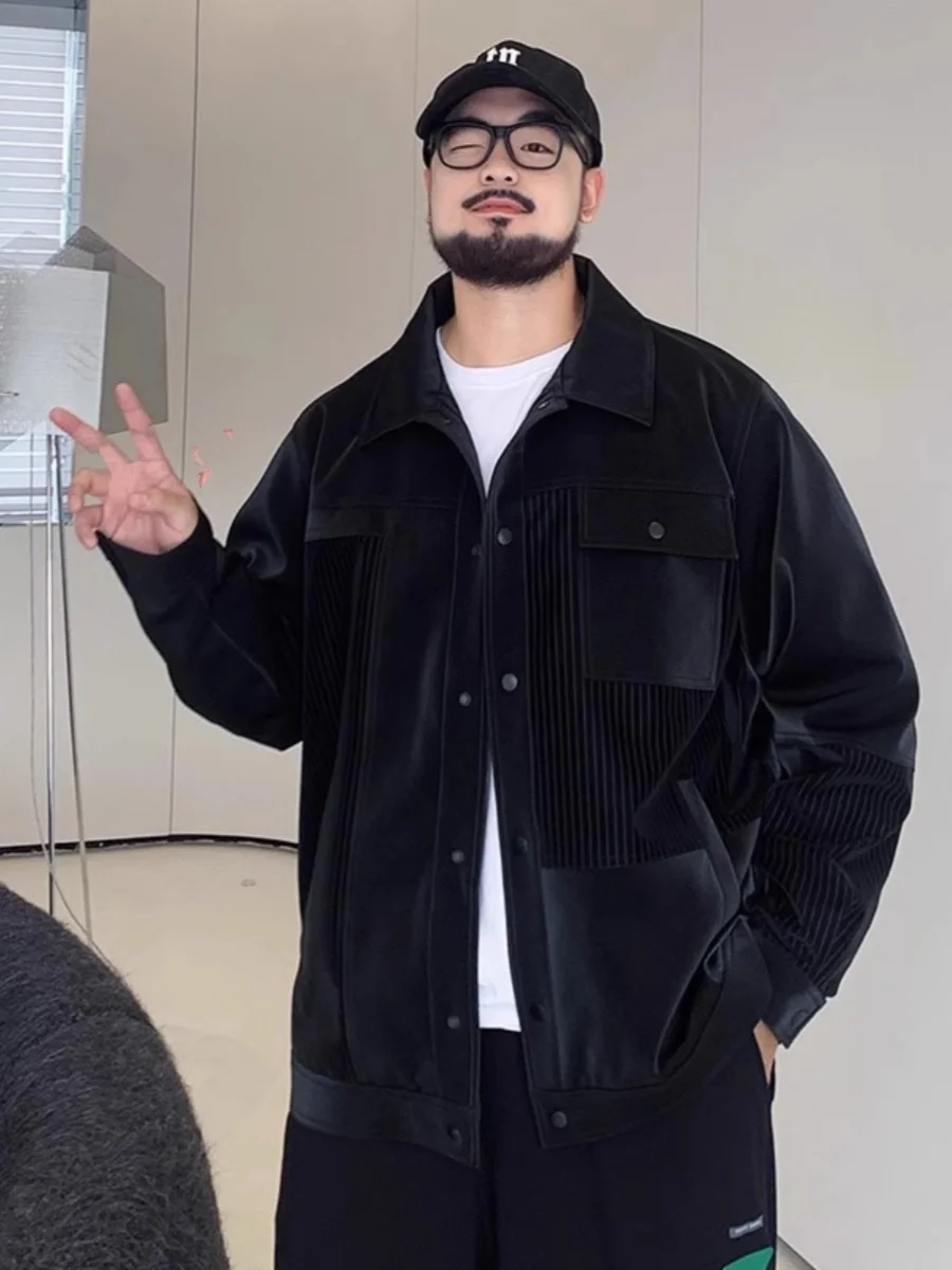 

Модная мужская куртка больших размеров свободного кроя с воротником, из искусственной кожи, с элементами пэчворка, осенне-зимняя, новая, стильная, модная куртка больших размеров