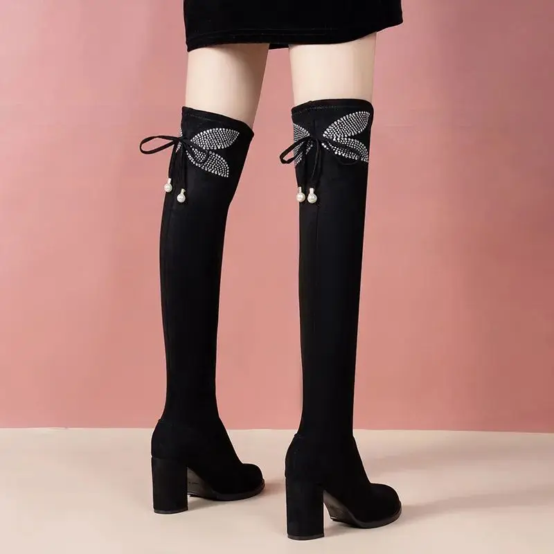 Knee High Shaft Shoes Woman Rhinestone Black Above Over The Thigh Long Boots for Women Fashion 2024 Comfortable and Elegant New