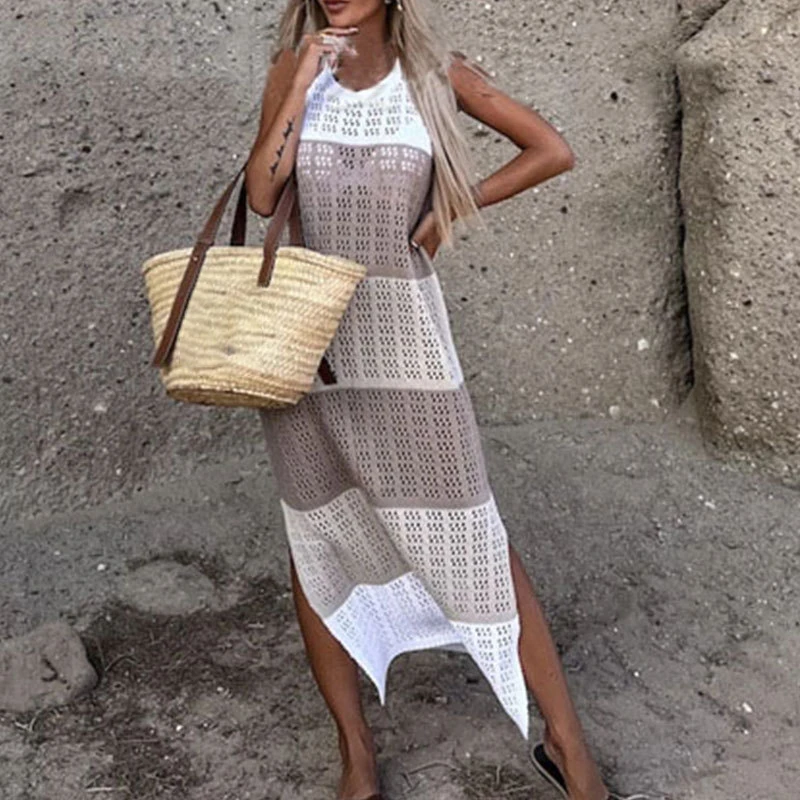 السيدات مخطط المرقعة الصيف محبوك فستان 2025 المرأة عادية الجوف التدريجي عطلة الجلباب موضة جديدة شق بلا أكمام فستان طويل #5