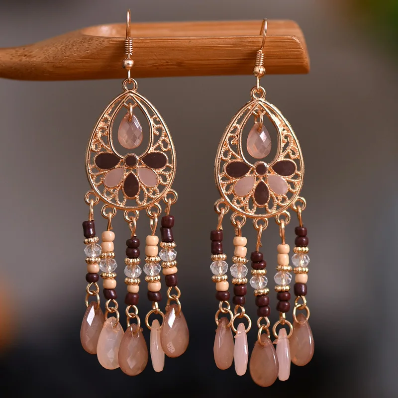 Vintage ethnische lange Tropfen Öl Blume Perlen Quaste Ohrringe für Frauen Boho Gold Farbe hohle Acryl Wasser Tropfen baumeln Ohrringe – Detail 7