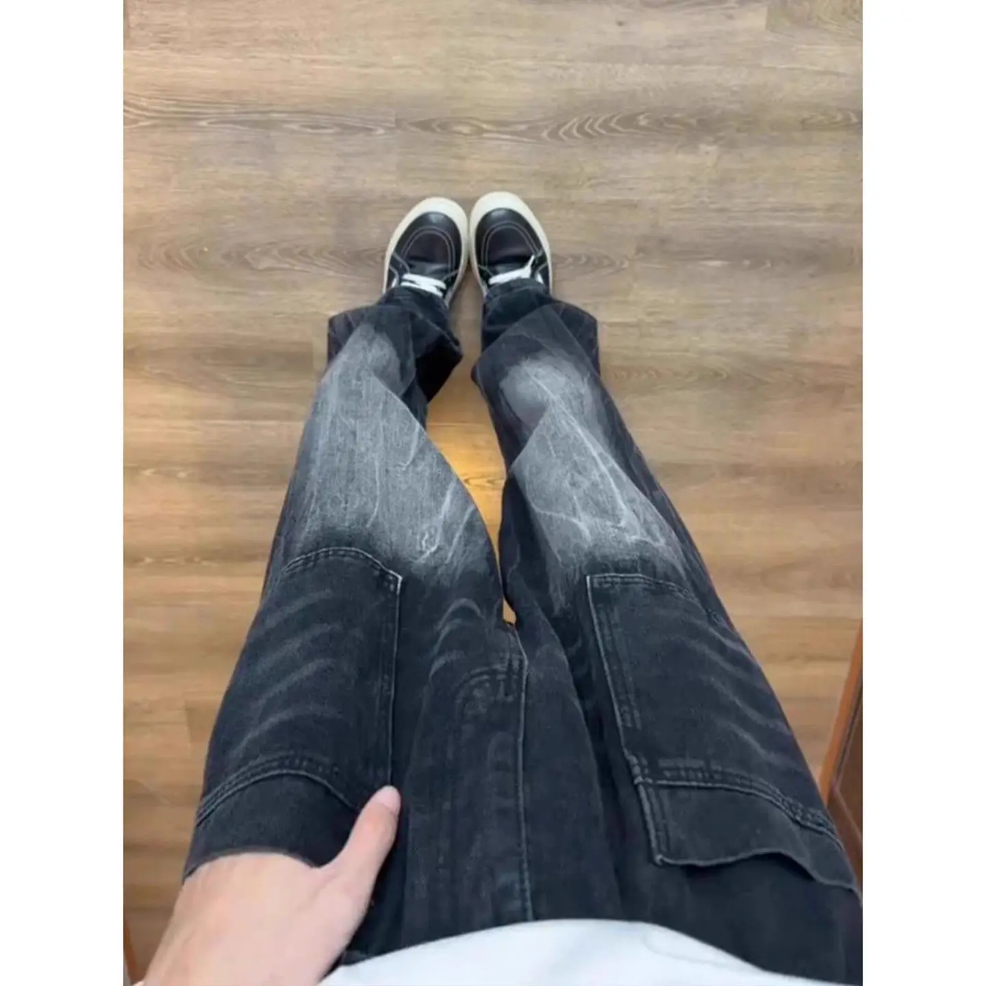 High Quality 2025 Blue Lightning Jeans Men's American High Street Overalls Washed Straight Trousers Micro-pull Work Pants Man