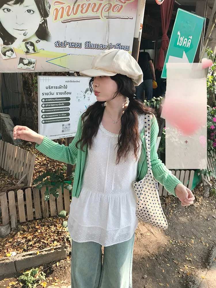 

Женский летний топ PtonUmi с кружевной отделкой и юбкой-трапецией, свободный крой, однотонный, для повседневной носки, весна 2025