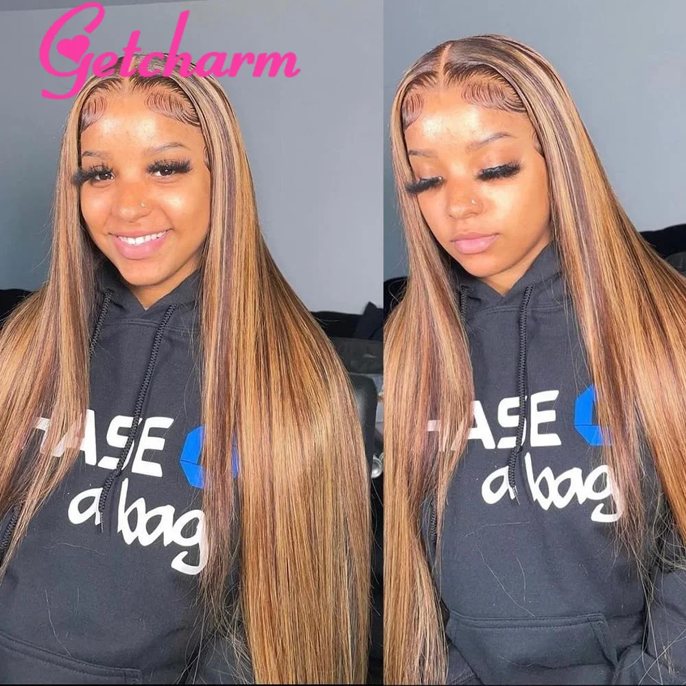 4/27 Highlight Human Hair Wigs Glueless 13x4 Lace Front Wigs Straight Hair Wigs Ombre Brown Blonde Colored Brazilian Human hair